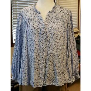 Philosophy Woman PLUS top 2X Button Floral Blue/Purple Long Sleeve Flowy Ruffled
